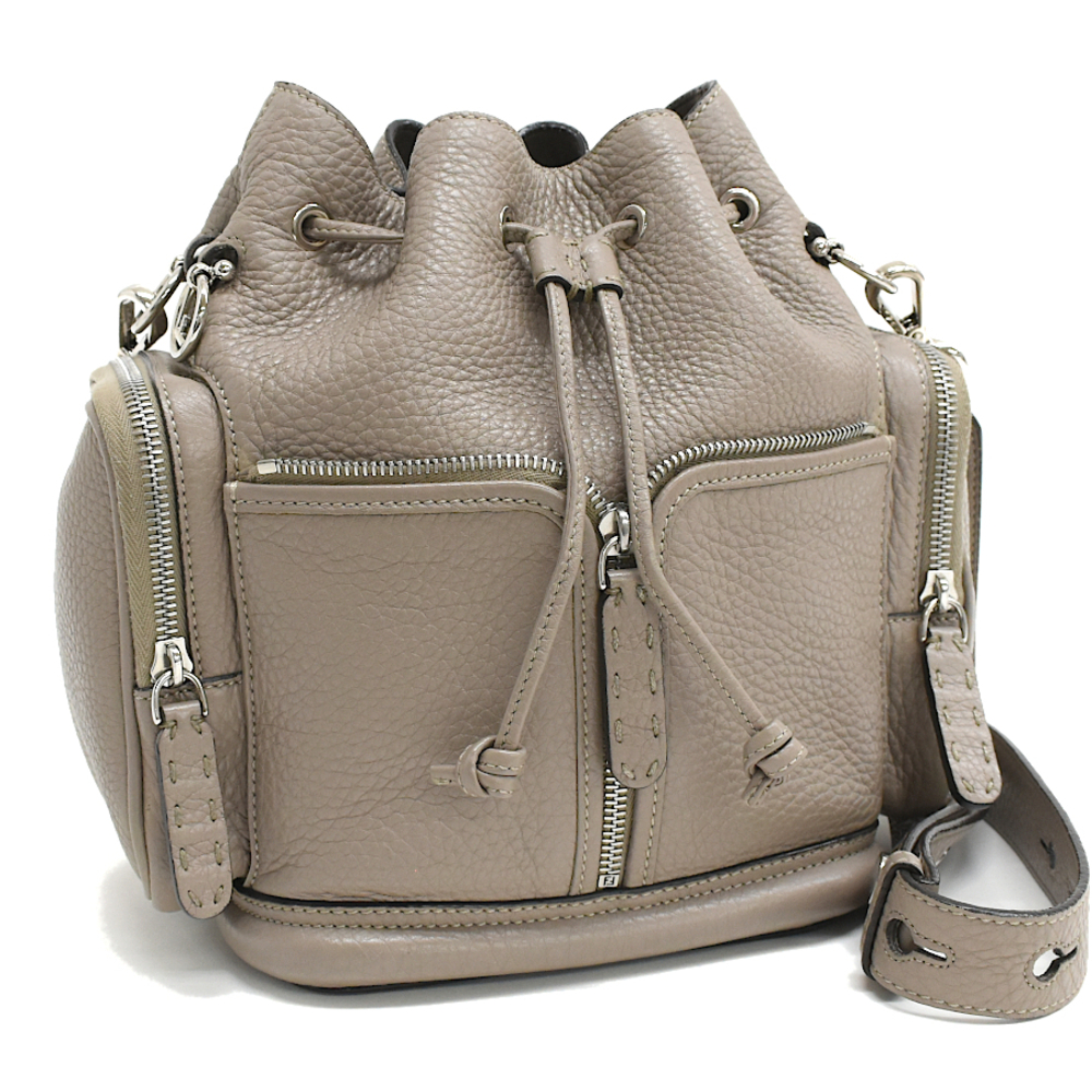 Fendi Montresor Shoulder Bag Drawstring Selleria Leather Greige Gray